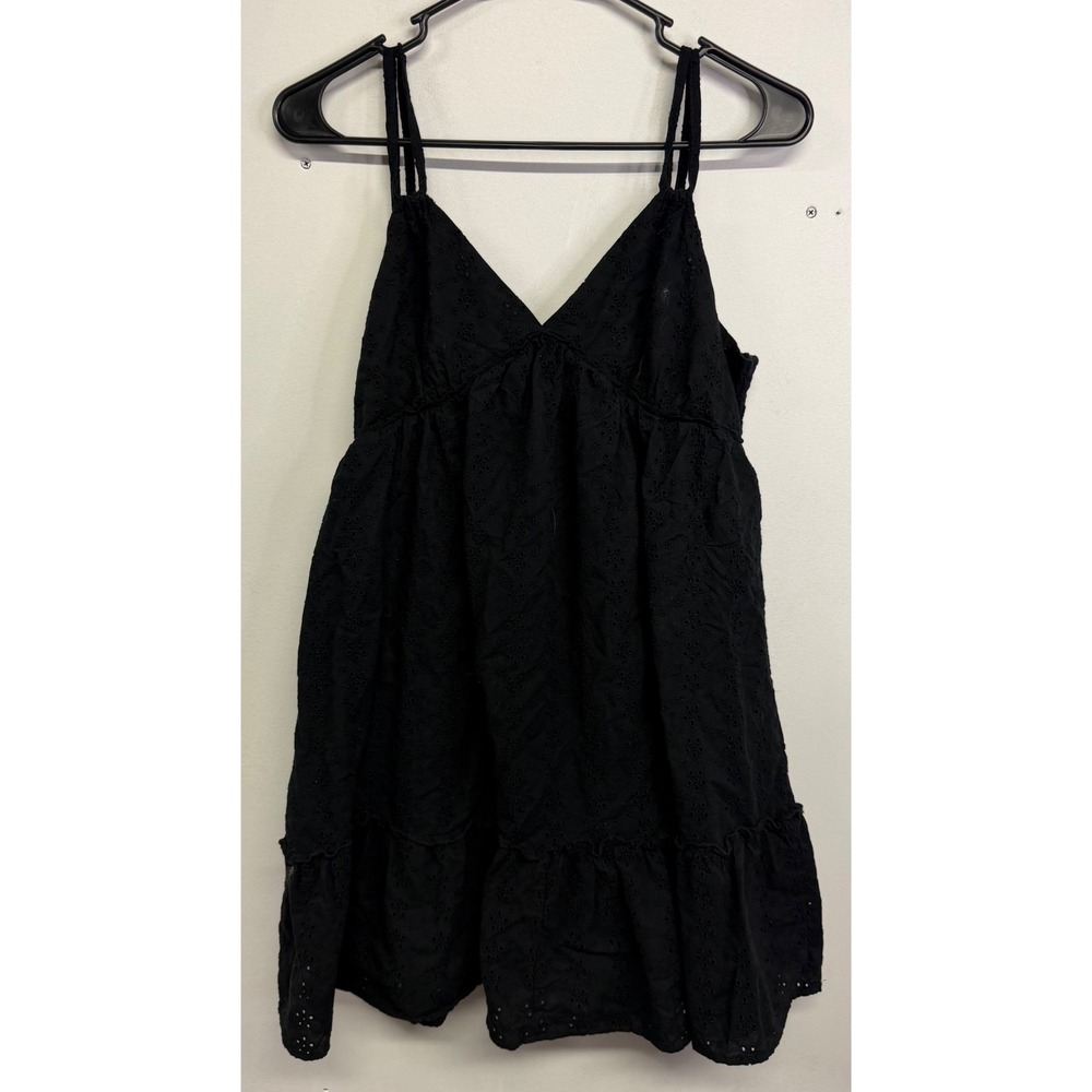Wild Fable Black Eyelet Mini Dress Large Cotton Smocked Back Tiered Ruffle Hem